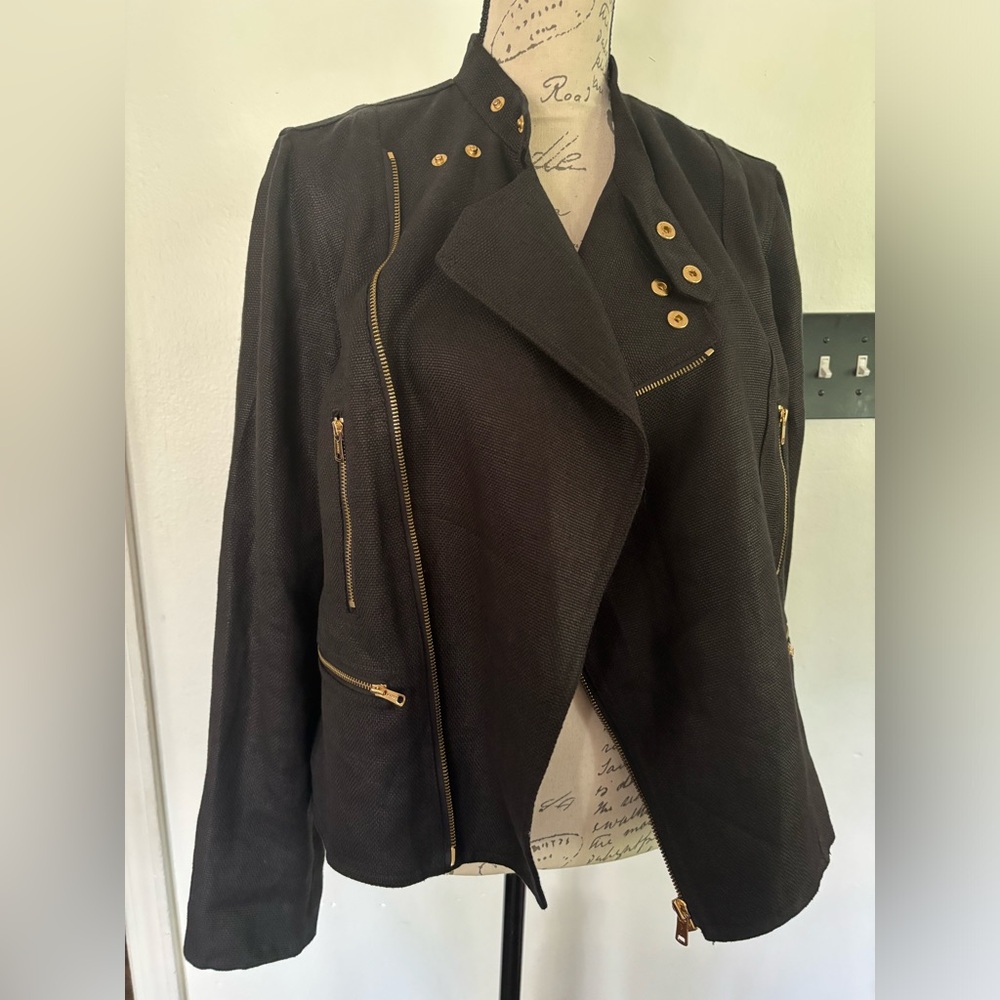 Women's Black Linen Jacket with Gold Accents